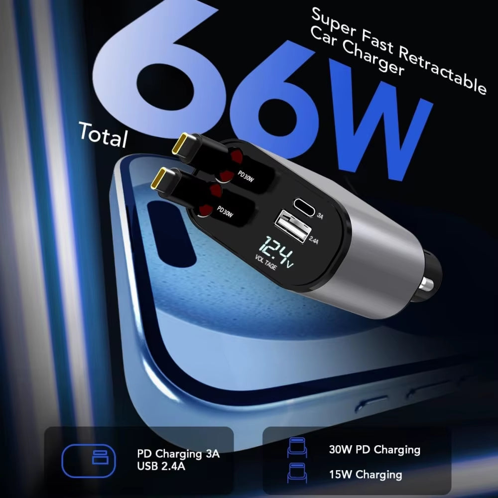 VoltRush™ 4-in-1 Retractable Car Charger – Fast Power, Zero Clutter
